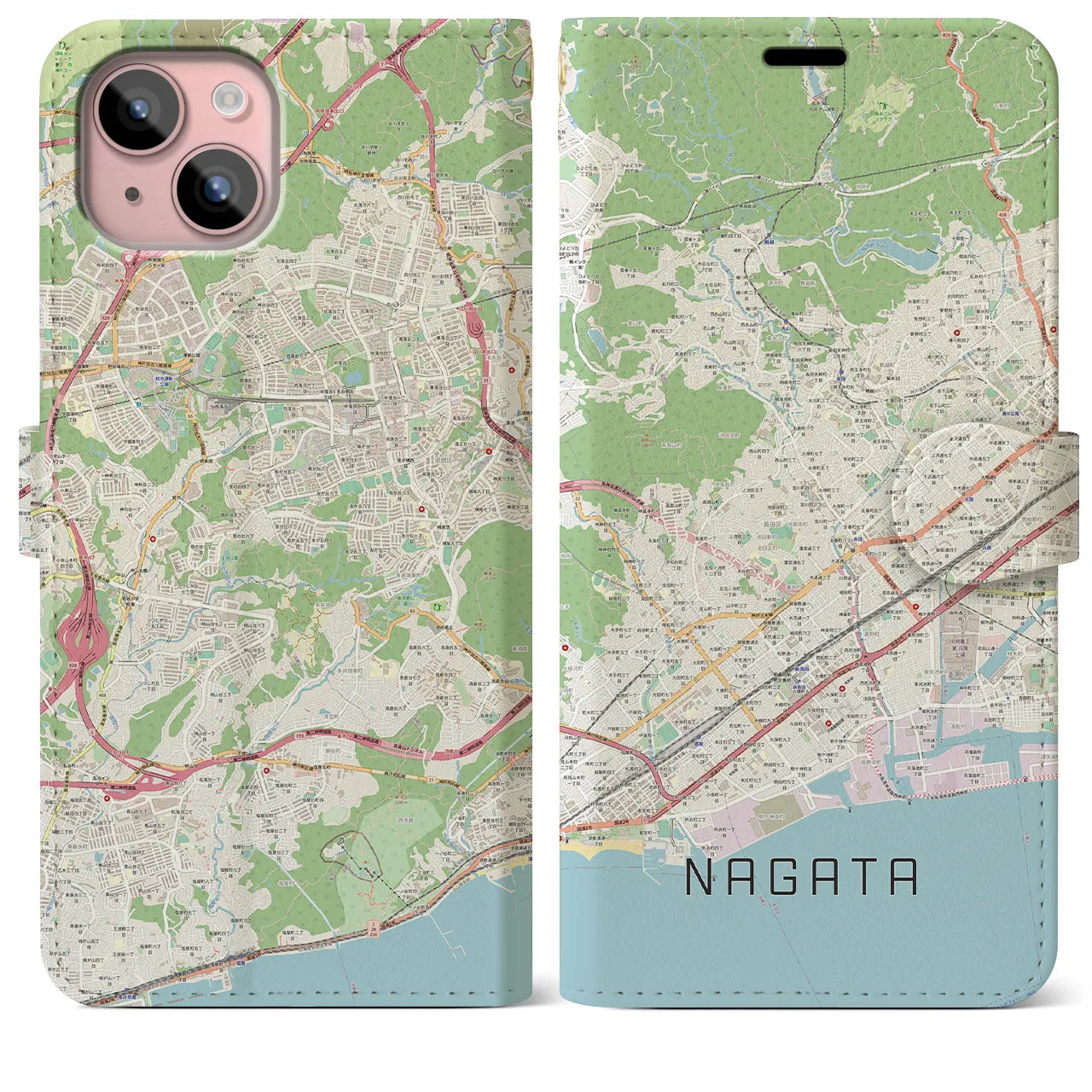 【長田】地図柄iPhoneケース（手帳両面タイプ・ナチュラル）iPhone 15 Plus 用