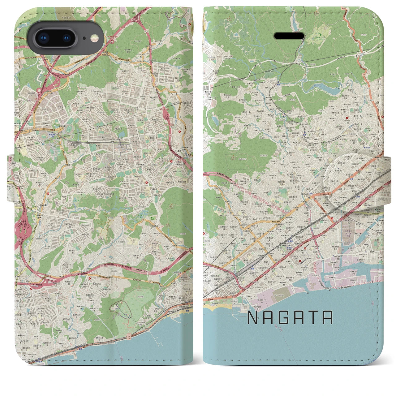 【長田】地図柄iPhoneケース（手帳両面タイプ・ナチュラル）iPhone 8Plus /7Plus / 6sPlus / 6Plus 用