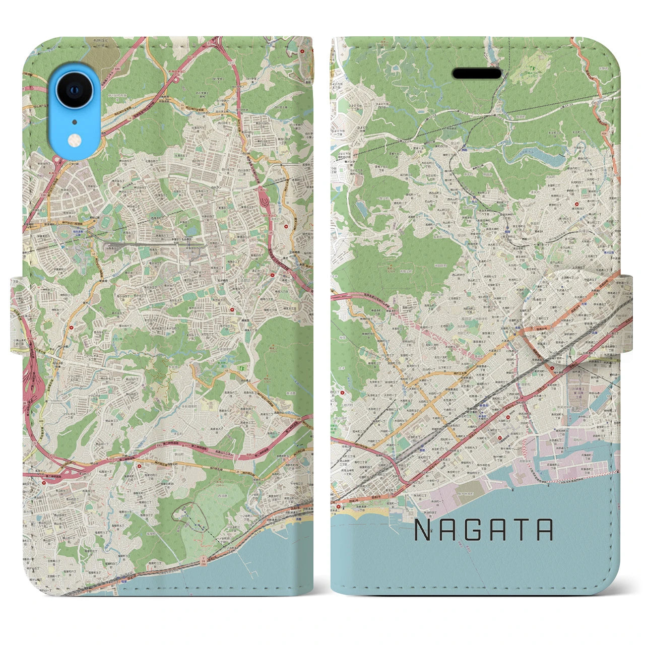 【長田】地図柄iPhoneケース（手帳両面タイプ・ナチュラル）iPhone XR 用