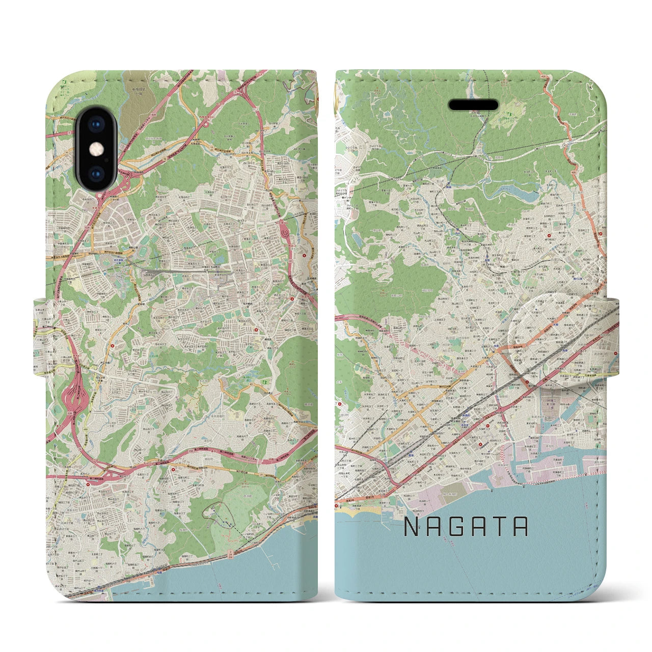 【長田】地図柄iPhoneケース（手帳両面タイプ・ナチュラル）iPhone XS / X 用
