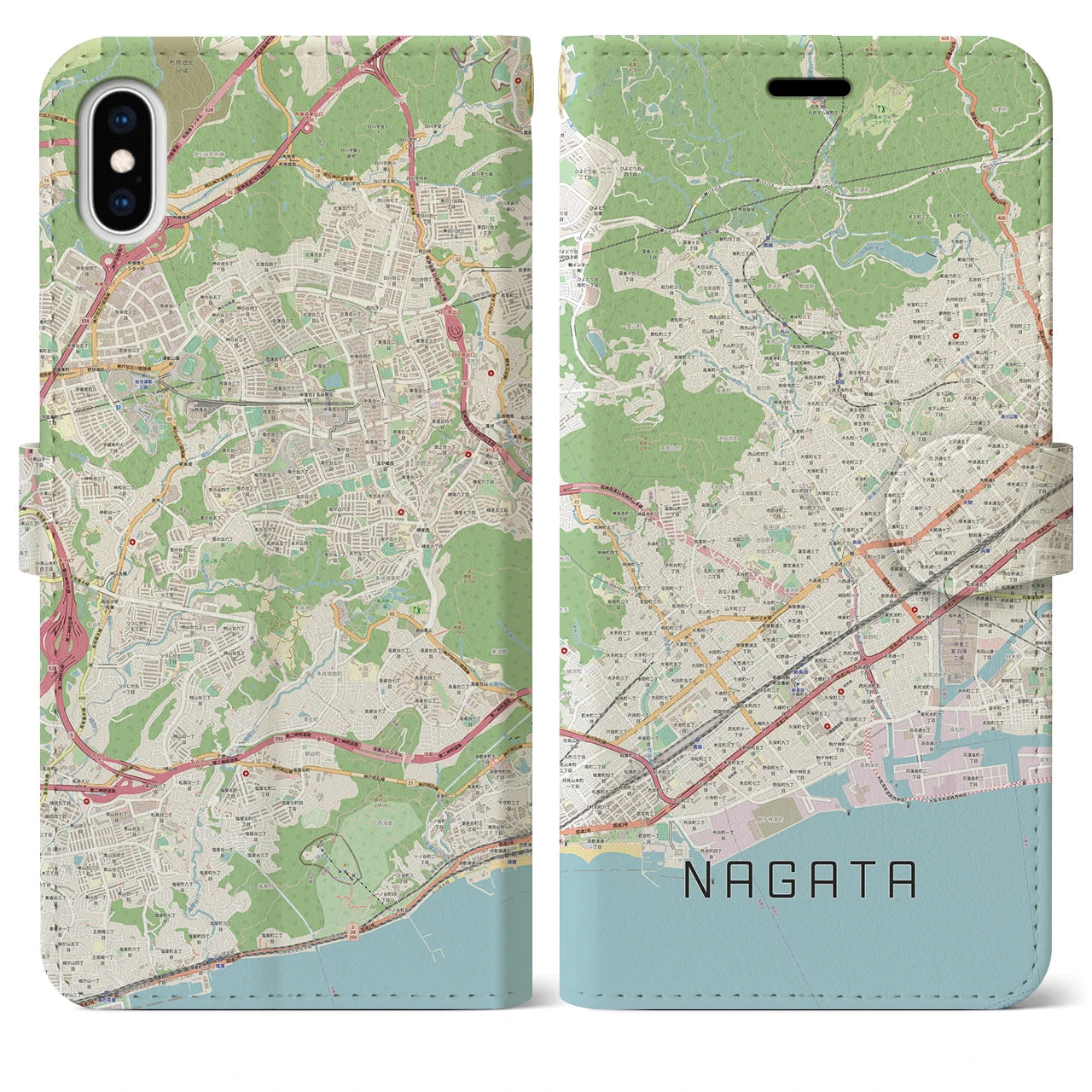 【長田】地図柄iPhoneケース（手帳両面タイプ・ナチュラル）iPhone XS Max 用