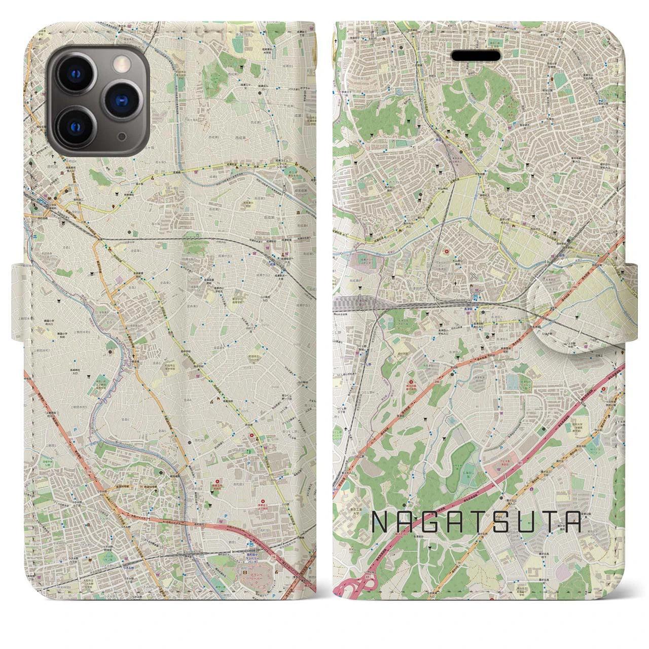 【長津田】地図柄iPhoneケース（手帳両面タイプ・ナチュラル）iPhone 11 Pro Max 用