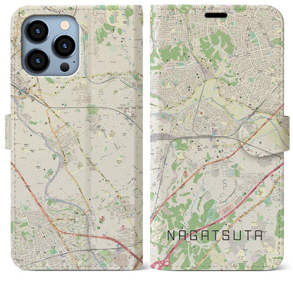 【長津田（神奈川県）】地図柄iPhoneケース（手帳タイプ）ナチュラル・iPhone 13 Pro Max 用
