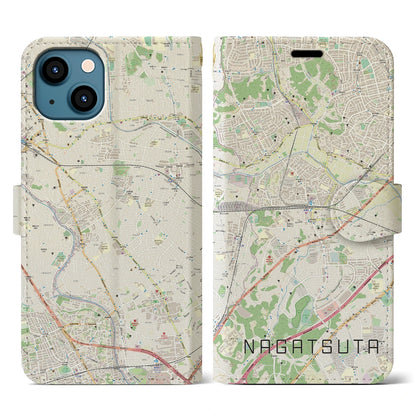 【長津田（神奈川県）】地図柄iPhoneケース（手帳タイプ）ナチュラル・iPhone 13 用