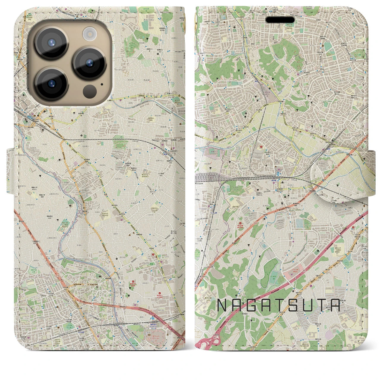 【長津田】地図柄iPhoneケース（手帳両面タイプ・ナチュラル）iPhone 14 Pro Max 用