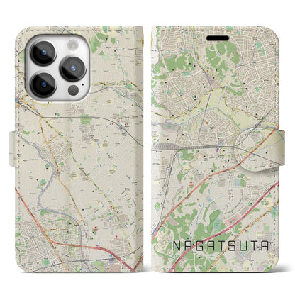 【長津田（神奈川県）】地図柄iPhoneケース（手帳タイプ）ナチュラル・iPhone 14 Pro 用