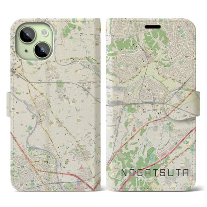 【長津田（神奈川県）】地図柄iPhoneケース（手帳タイプ）ナチュラル・iPhone 15 用