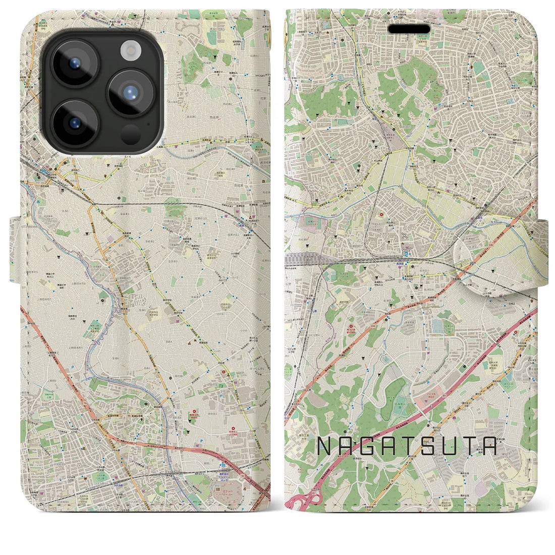 【長津田】地図柄iPhoneケース（手帳両面タイプ・ナチュラル）iPhone 15 Pro Max 用
