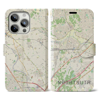 【長津田（神奈川県）】地図柄iPhoneケース（手帳タイプ）ナチュラル・iPhone 15 Pro 用