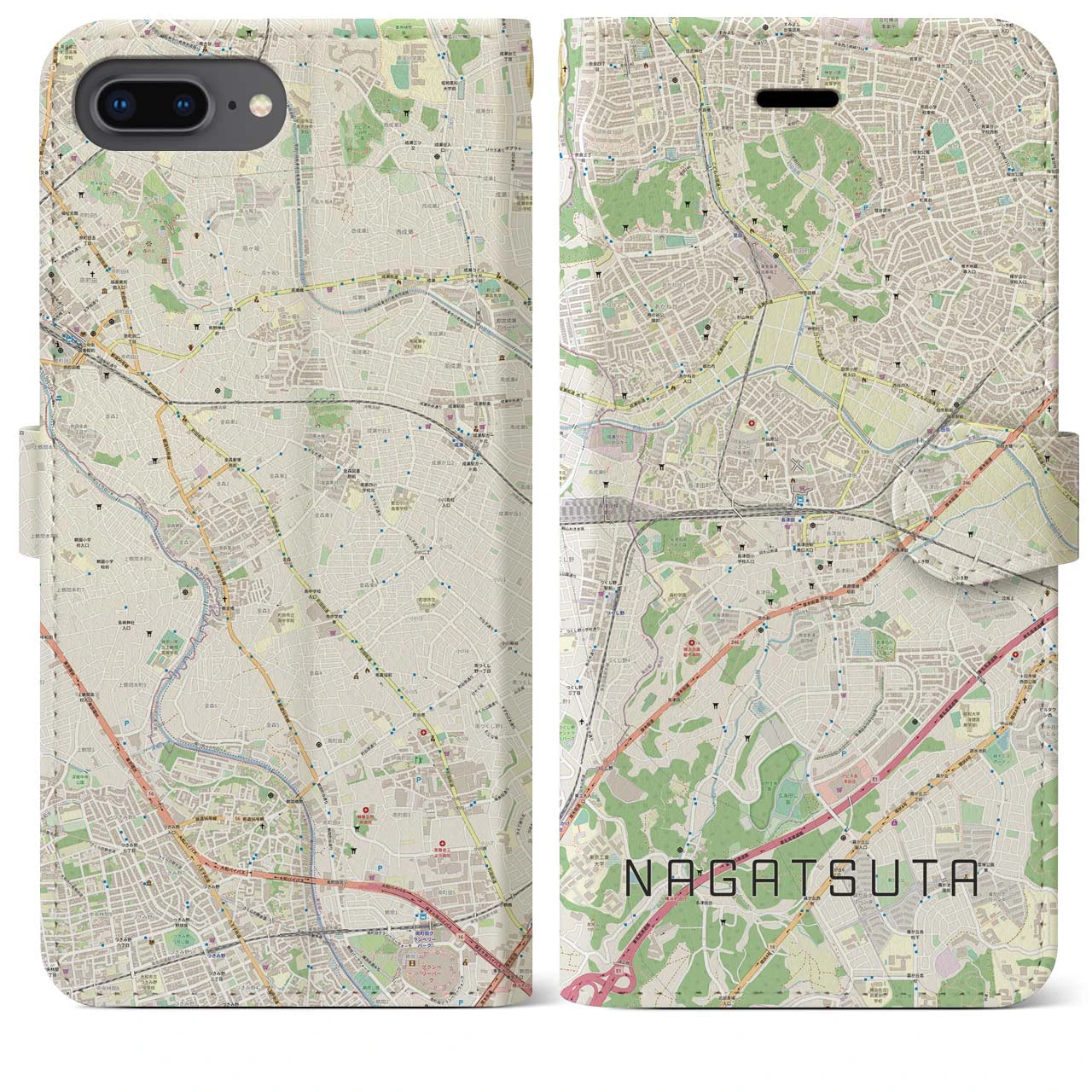 【長津田】地図柄iPhoneケース（手帳両面タイプ・ナチュラル）iPhone 8Plus /7Plus / 6sPlus / 6Plus 用