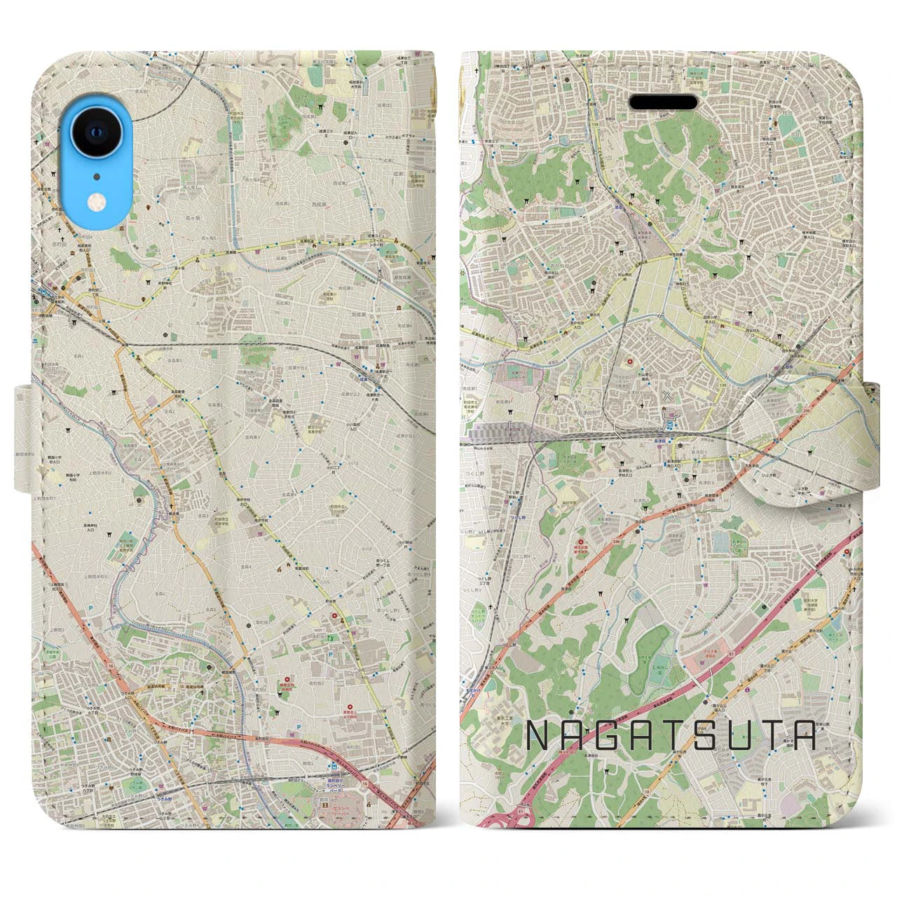 【長津田】地図柄iPhoneケース（手帳両面タイプ・ナチュラル）iPhone XR 用