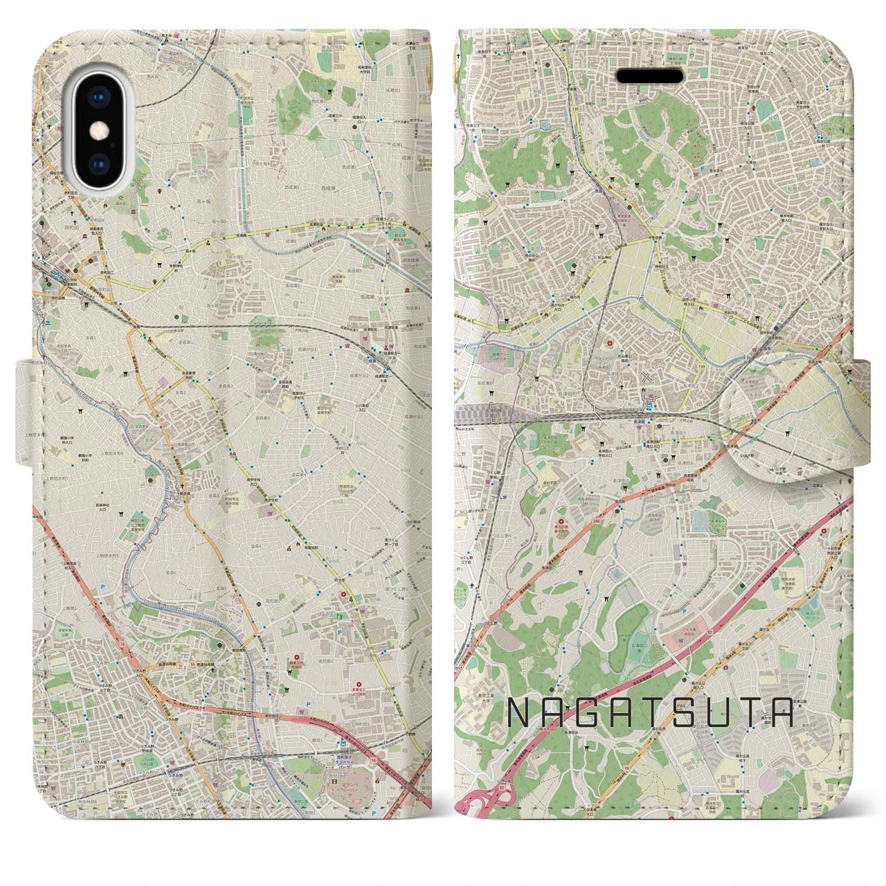 【長津田】地図柄iPhoneケース（手帳両面タイプ・ナチュラル）iPhone XS Max 用