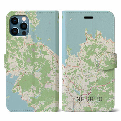 【長与（長崎県）】地図柄iPhoneケース（手帳タイプ）ナチュラル・iPhone 12 / 12 Pro 用