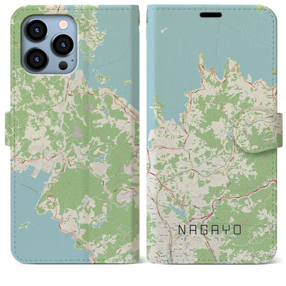 【長与（長崎県）】地図柄iPhoneケース（手帳タイプ）ナチュラル・iPhone 13 Pro Max 用