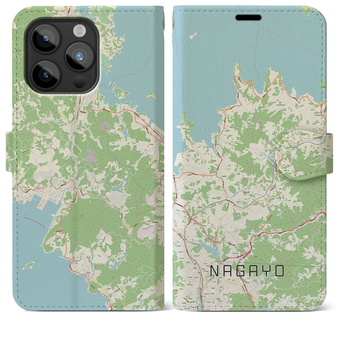 【長与】地図柄iPhoneケース（手帳両面タイプ・ナチュラル）iPhone 15 Pro Max 用