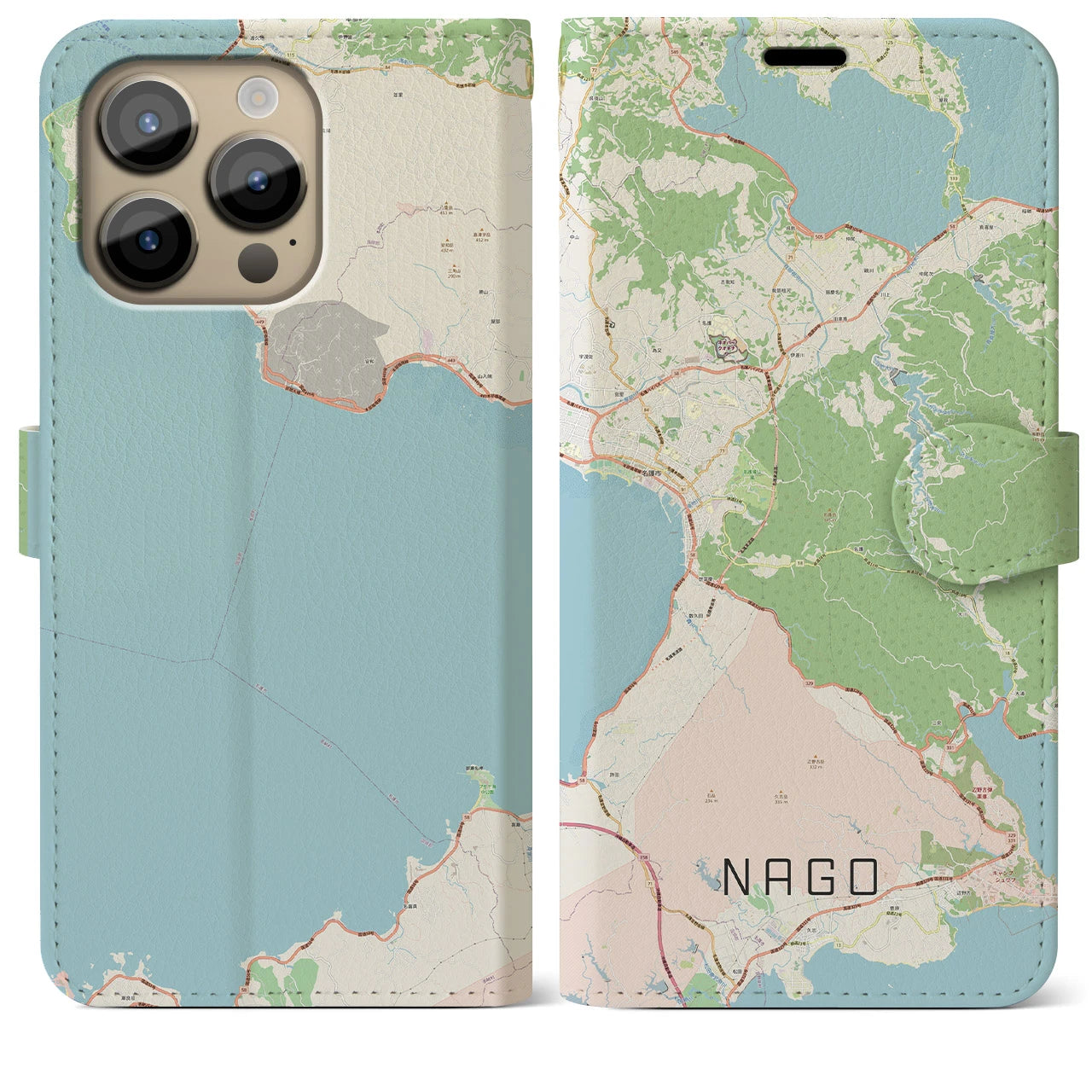 【名護】地図柄iPhoneケース（手帳両面タイプ・ナチュラル）iPhone 14 Pro Max 用