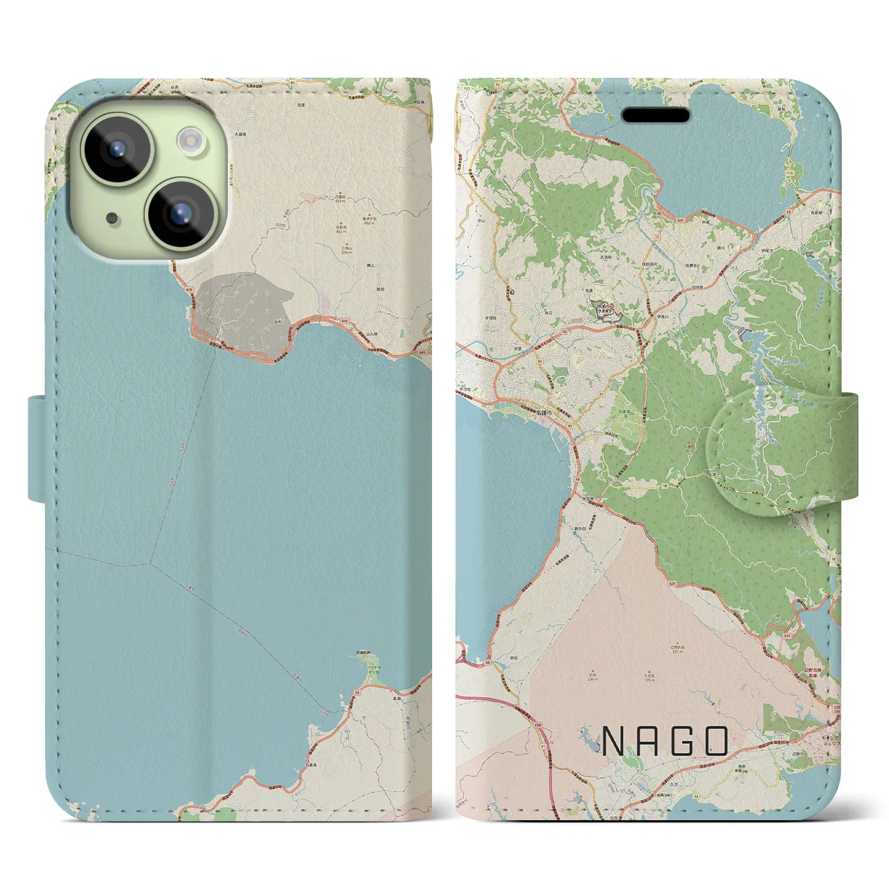 【名護】地図柄iPhoneケース（手帳両面タイプ・ナチュラル）iPhone 15 用