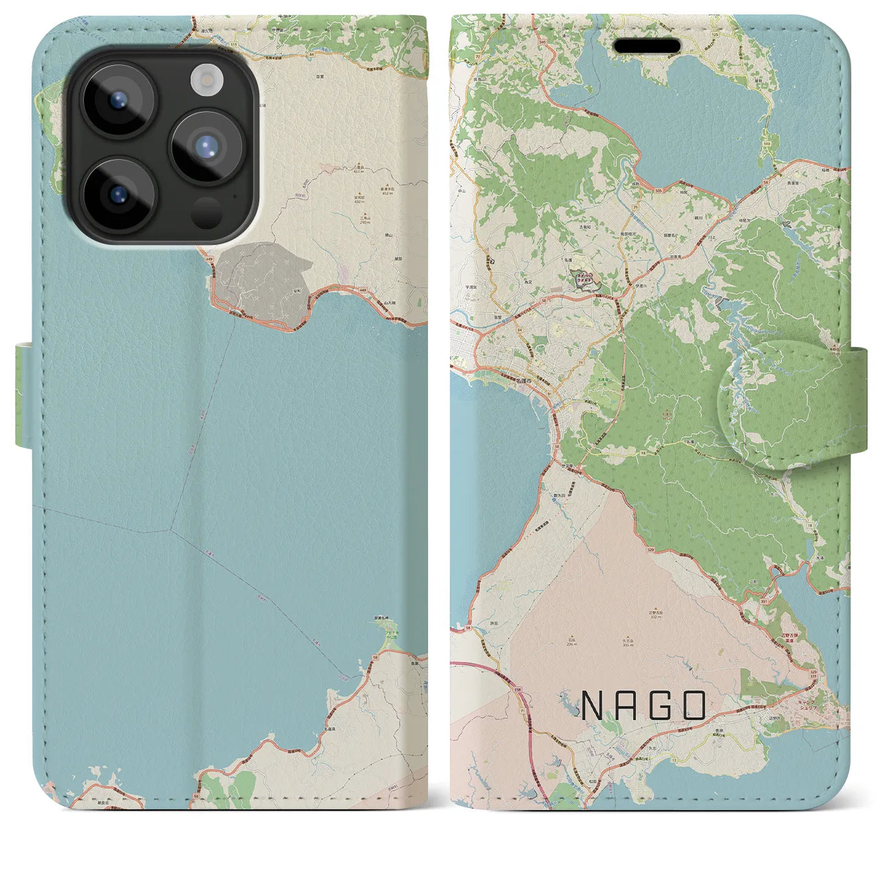 【名護】地図柄iPhoneケース（手帳両面タイプ・ナチュラル）iPhone 15 Pro Max 用