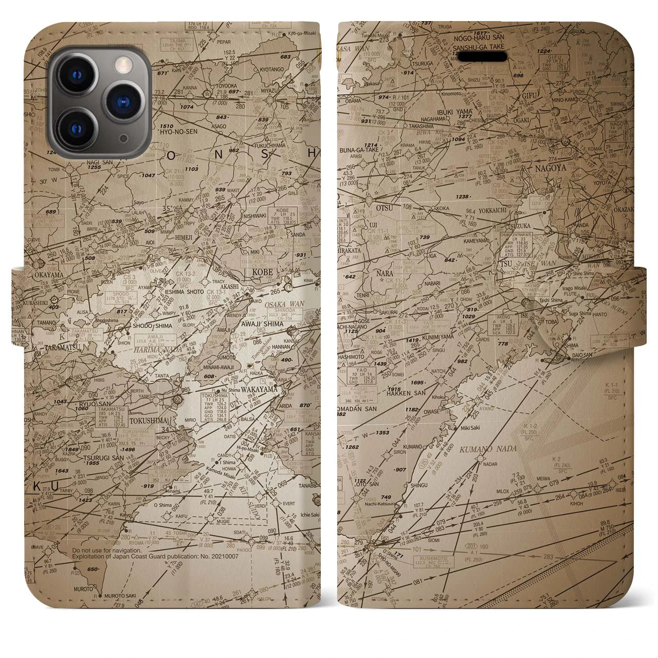 【名古屋航空図】地図柄iPhoneケース（手帳両面タイプ・セピア）iPhone 11 Pro Max 用