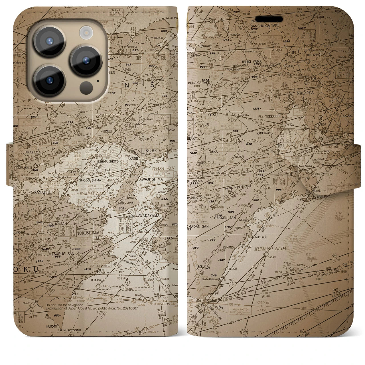 【名古屋航空図】地図柄iPhoneケース（手帳両面タイプ・セピア）iPhone 14 Pro Max 用