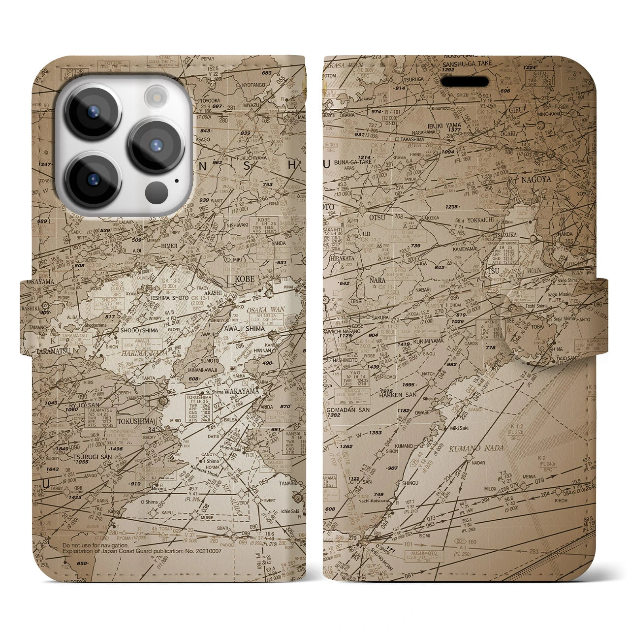 【名古屋航空図】地図柄iPhoneケース（手帳両面タイプ・セピア）iPhone 14 Pro 用