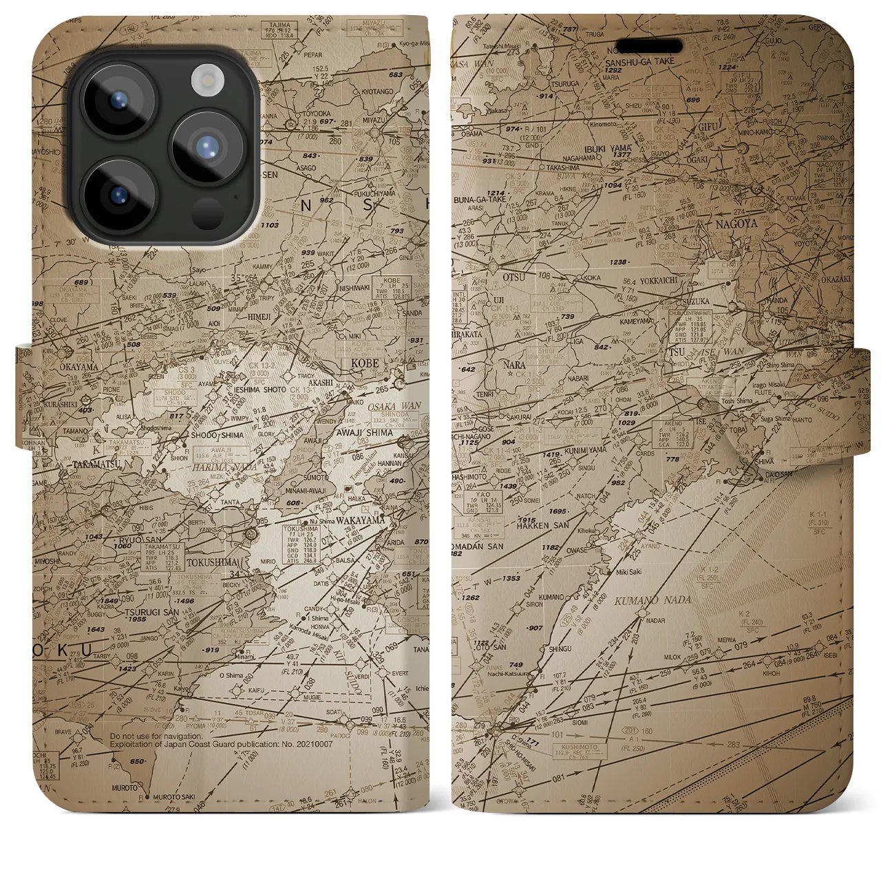 【名古屋航空図】地図柄iPhoneケース（手帳両面タイプ・セピア）iPhone 15 Pro Max 用