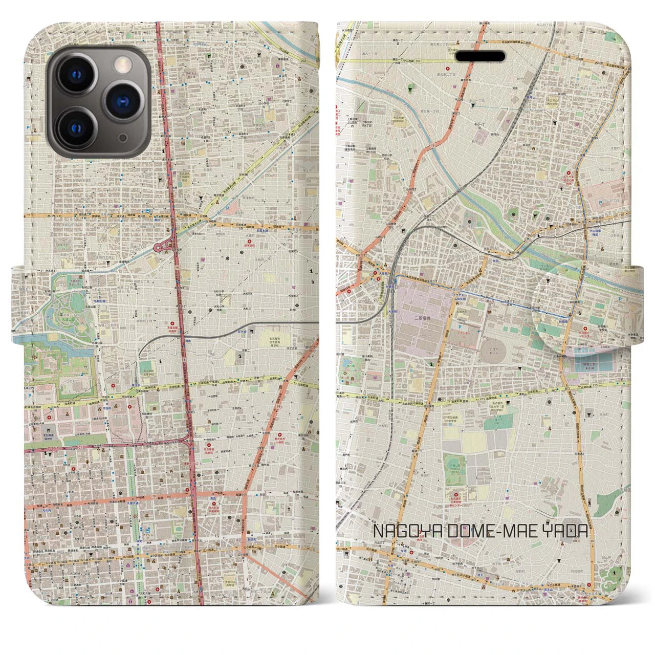【ナゴヤドーム前矢田】地図柄iPhoneケース（手帳両面タイプ・ナチュラル）iPhone 11 Pro Max 用