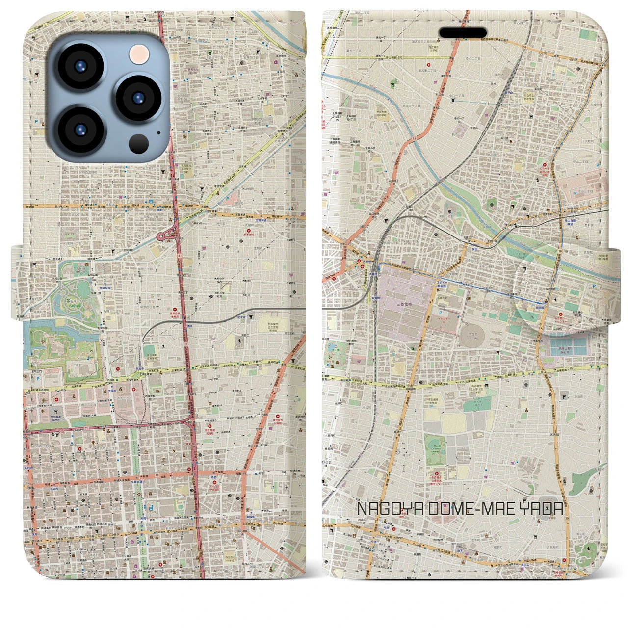【ナゴヤドーム前矢田】地図柄iPhoneケース（手帳両面タイプ・ナチュラル）iPhone 13 Pro Max 用