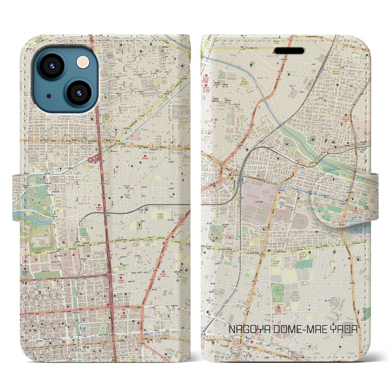 【ナゴヤドーム前矢田】地図柄iPhoneケース（手帳両面タイプ・ナチュラル）iPhone 13 用
