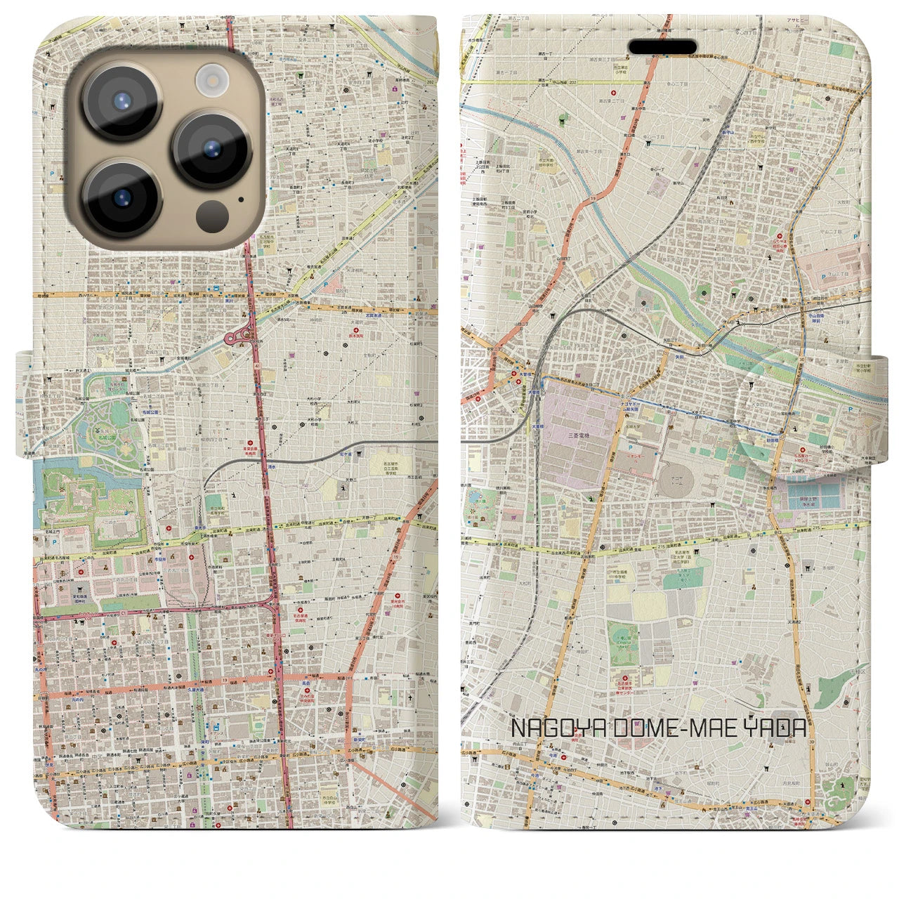 【ナゴヤドーム前矢田】地図柄iPhoneケース（手帳両面タイプ・ナチュラル）iPhone 14 Pro Max 用