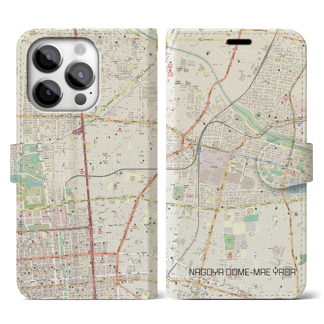 【ナゴヤドーム前矢田】地図柄iPhoneケース（手帳両面タイプ・ナチュラル）iPhone 14 Pro 用
