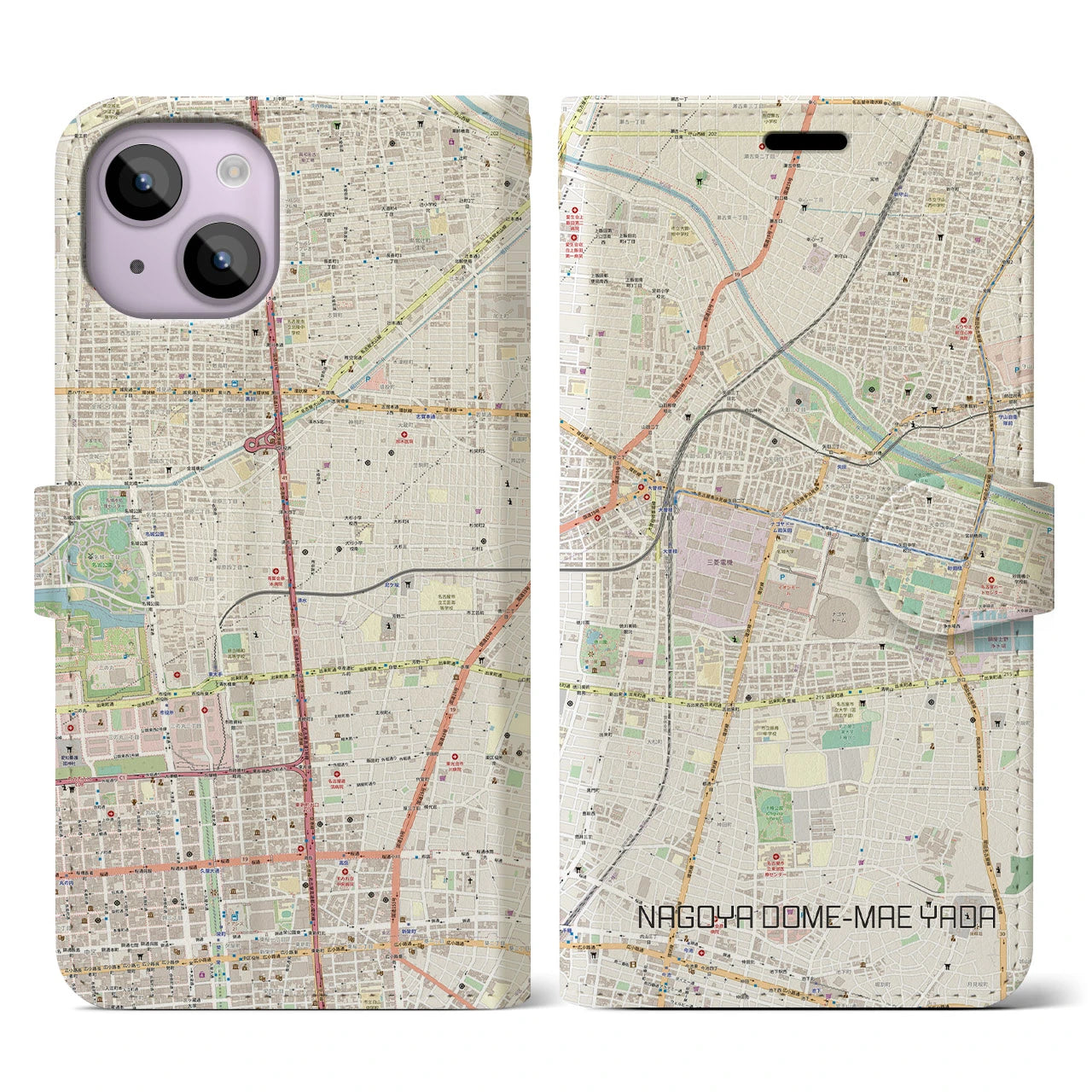 【ナゴヤドーム前矢田】地図柄iPhoneケース（手帳両面タイプ・ナチュラル）iPhone 14 用
