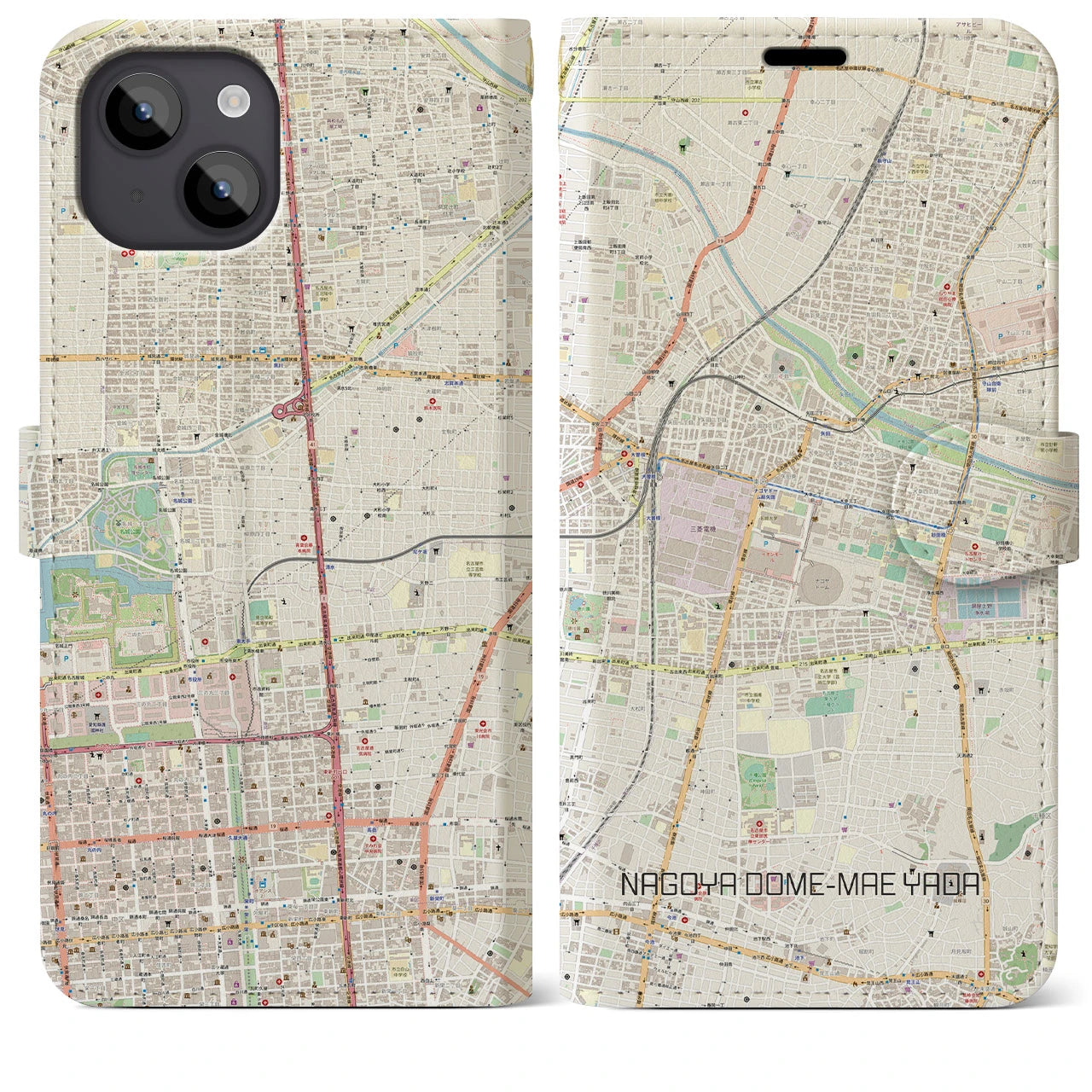 【ナゴヤドーム前矢田】地図柄iPhoneケース（手帳両面タイプ・ナチュラル）iPhone 14 Plus 用