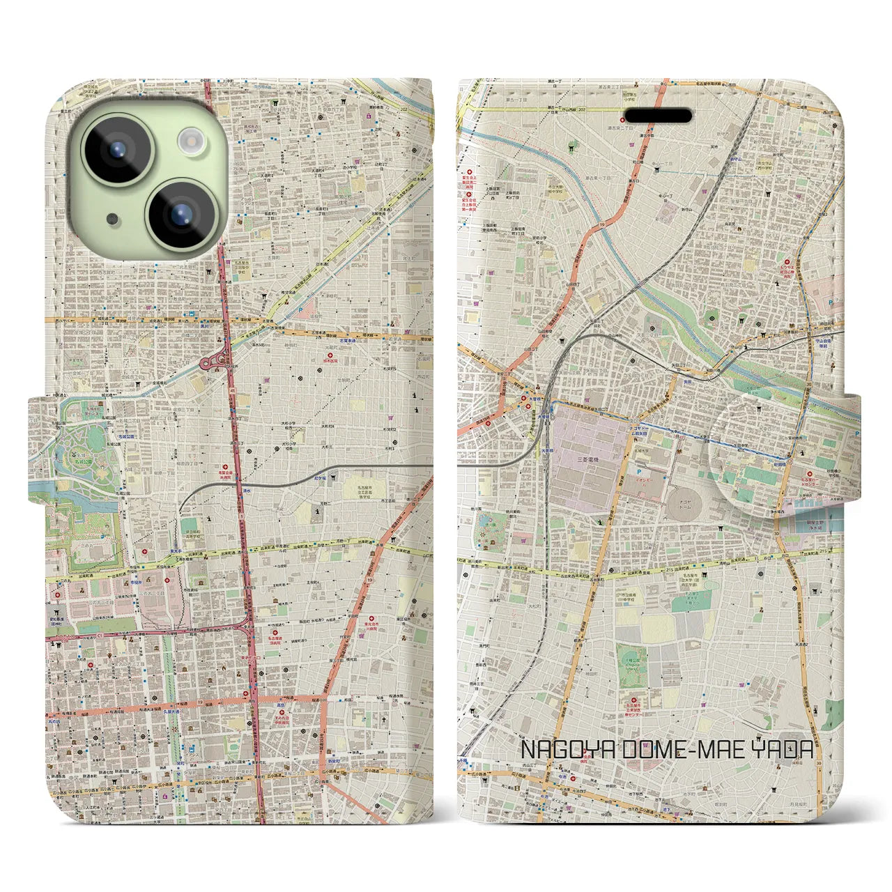 【ナゴヤドーム前矢田】地図柄iPhoneケース（手帳両面タイプ・ナチュラル）iPhone 15 用