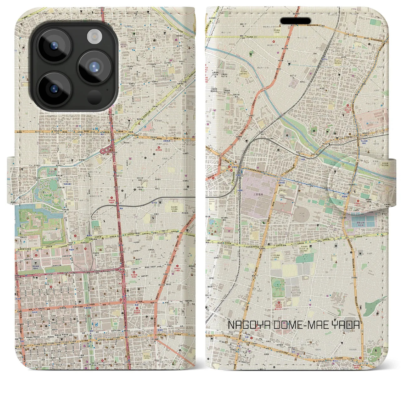 【ナゴヤドーム前矢田】地図柄iPhoneケース（手帳両面タイプ・ナチュラル）iPhone 15 Pro Max 用