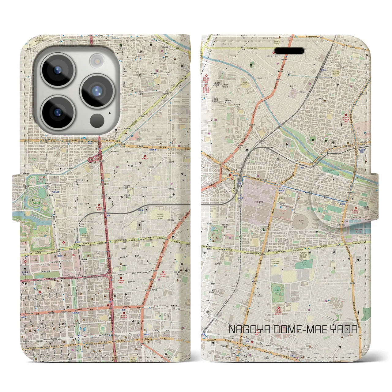 【ナゴヤドーム前矢田】地図柄iPhoneケース（手帳両面タイプ・ナチュラル）iPhone 15 Pro 用