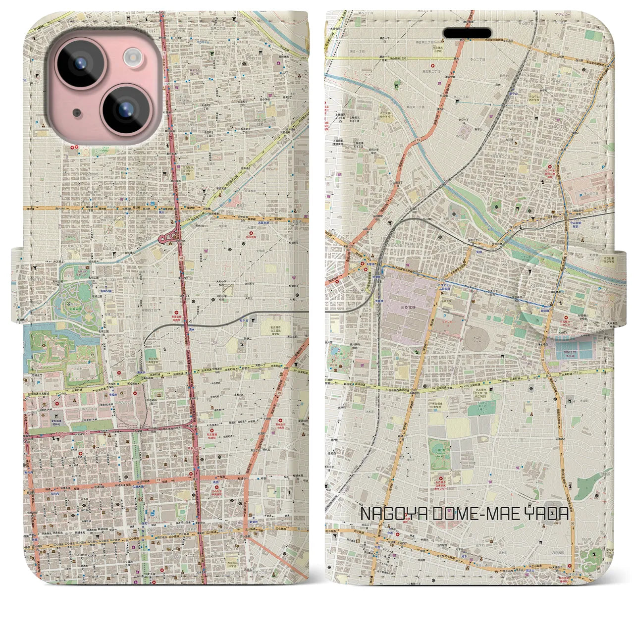 【ナゴヤドーム前矢田】地図柄iPhoneケース（手帳両面タイプ・ナチュラル）iPhone 15 Plus 用