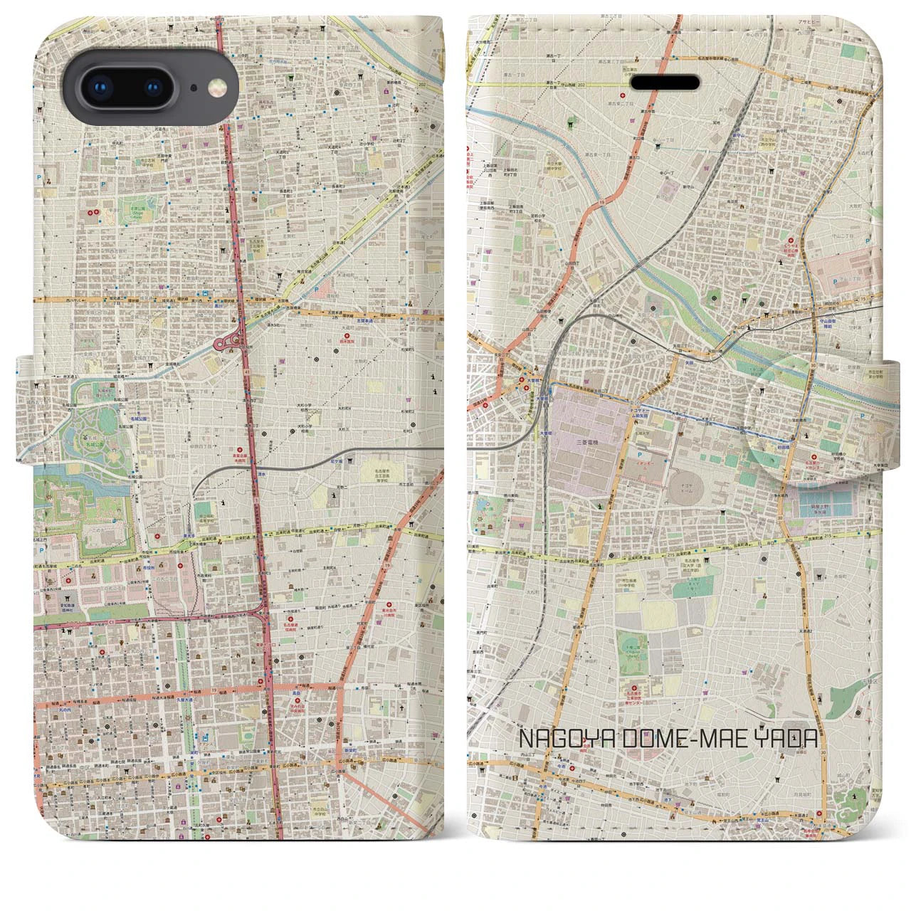 【ナゴヤドーム前矢田】地図柄iPhoneケース（手帳両面タイプ・ナチュラル）iPhone 8Plus /7Plus / 6sPlus / 6Plus 用