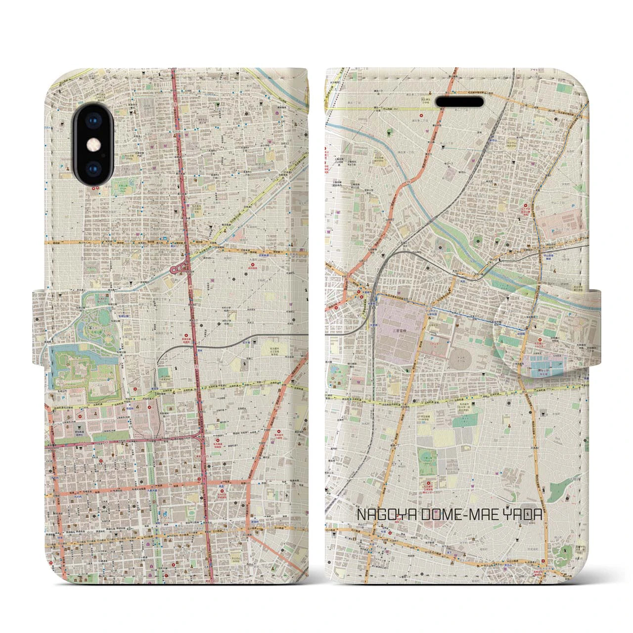 【ナゴヤドーム前矢田】地図柄iPhoneケース（手帳両面タイプ・ナチュラル）iPhone XS / X 用