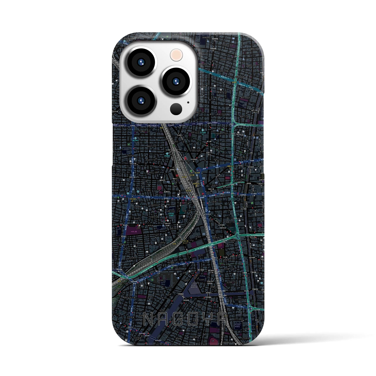 【名古屋2】地図柄iPhoneケース（バックカバータイプ・ブラック）iPhone 13 Pro 用