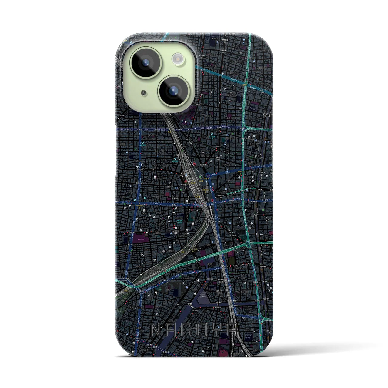 【名古屋2】地図柄iPhoneケース（バックカバータイプ・ブラック）iPhone 15 用