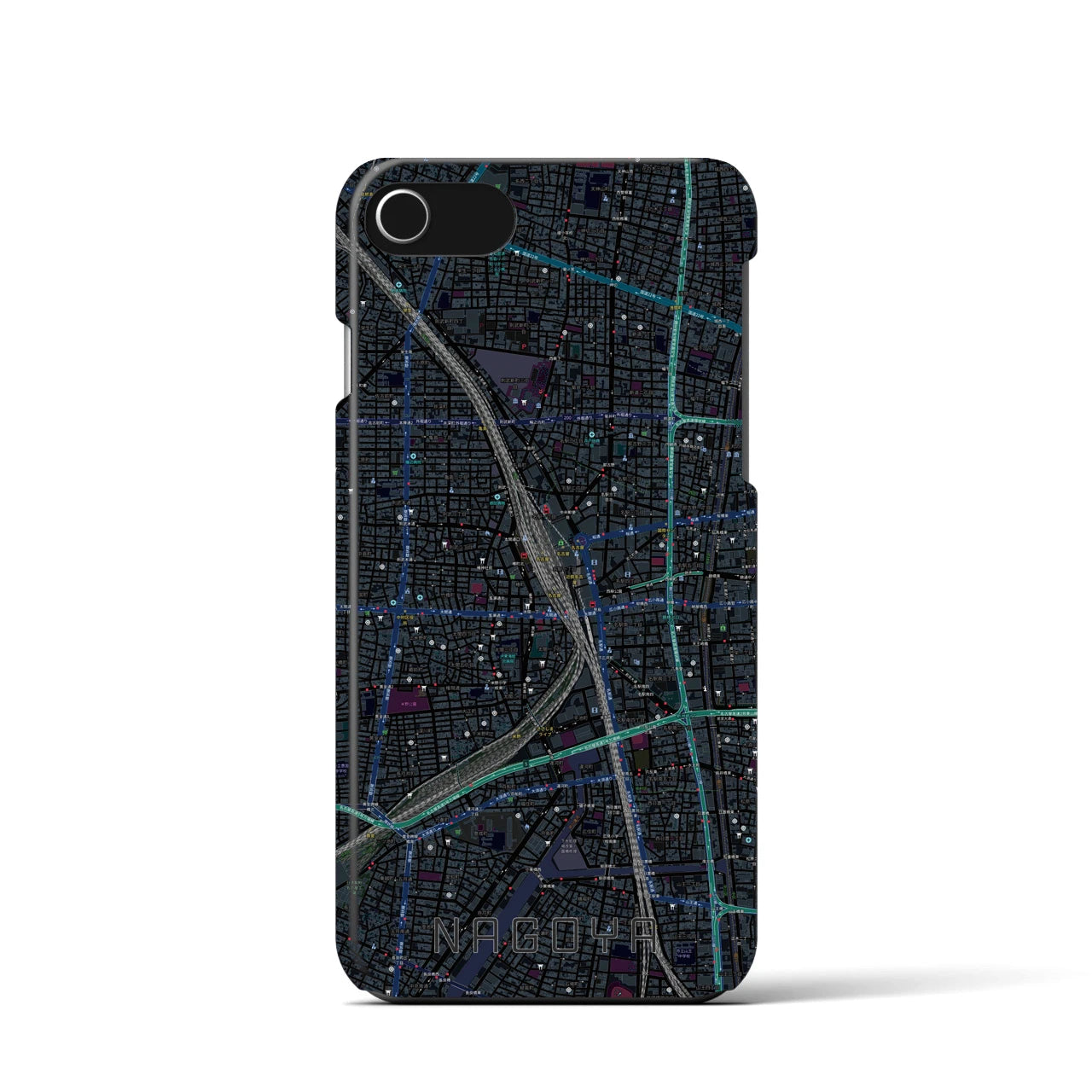 【名古屋2】地図柄iPhoneケース（バックカバータイプ・ブラック）iPhone SE（第3 / 第2世代） / 8 / 7 / 6s / 6 用