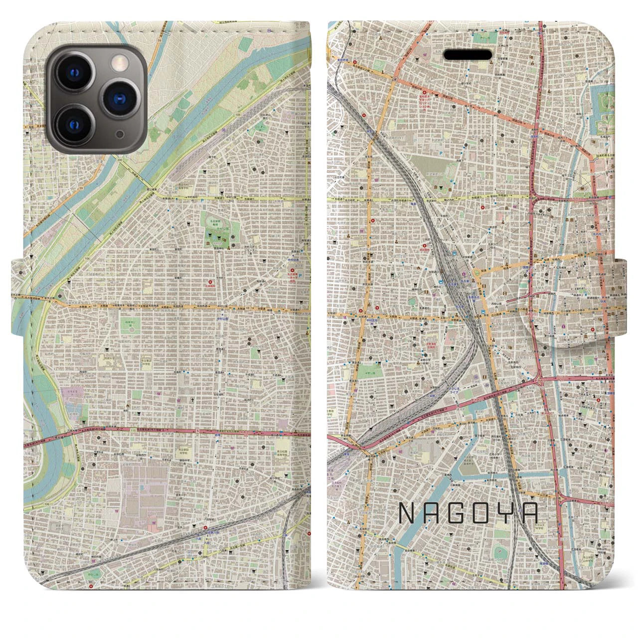 【名古屋2】地図柄iPhoneケース（手帳両面タイプ・ナチュラル）iPhone 11 Pro Max 用