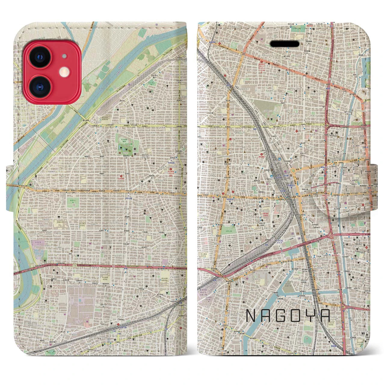 【名古屋2】地図柄iPhoneケース（手帳両面タイプ・ナチュラル）iPhone 11 用