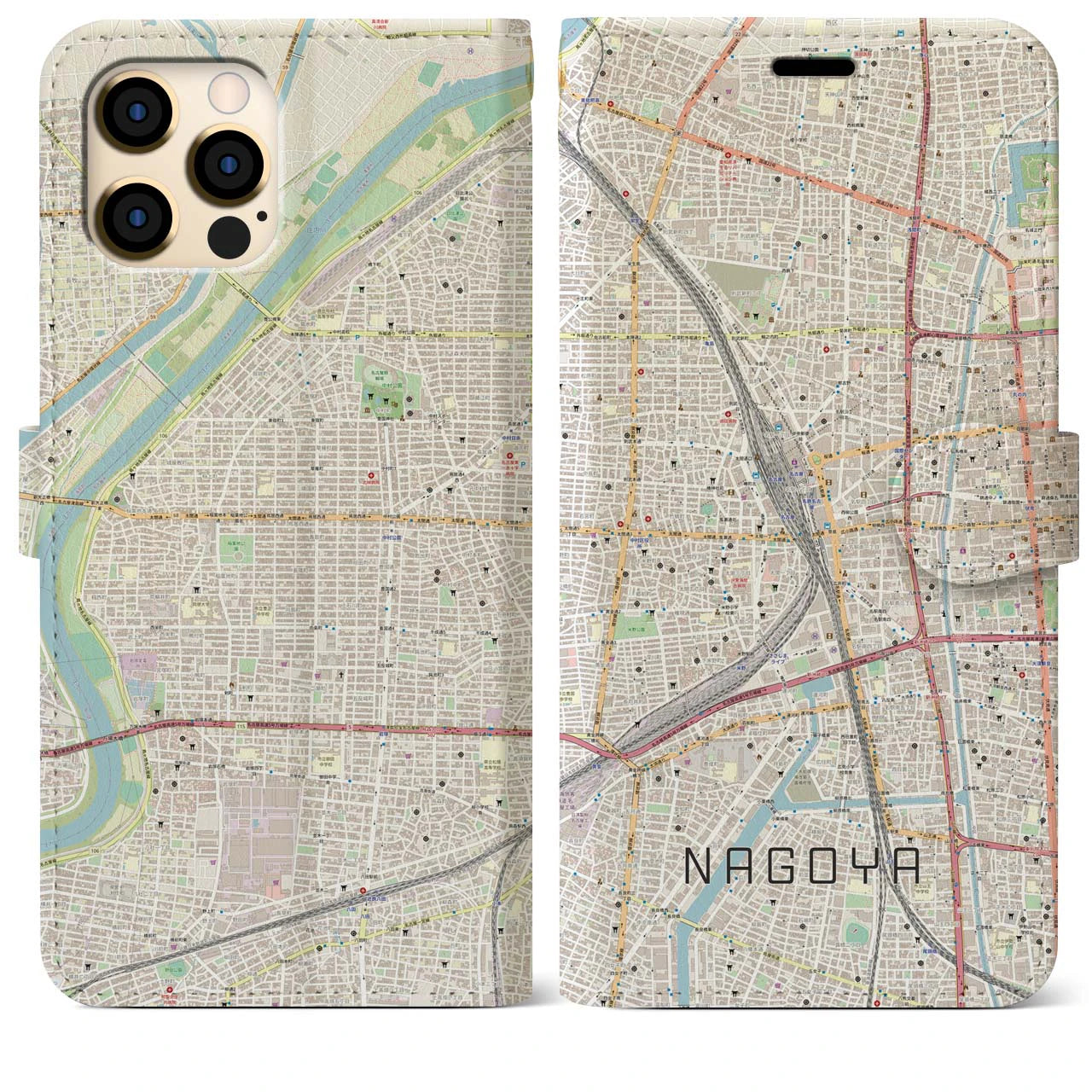 【名古屋2】地図柄iPhoneケース（手帳両面タイプ・ナチュラル）iPhone 12 Pro Max 用