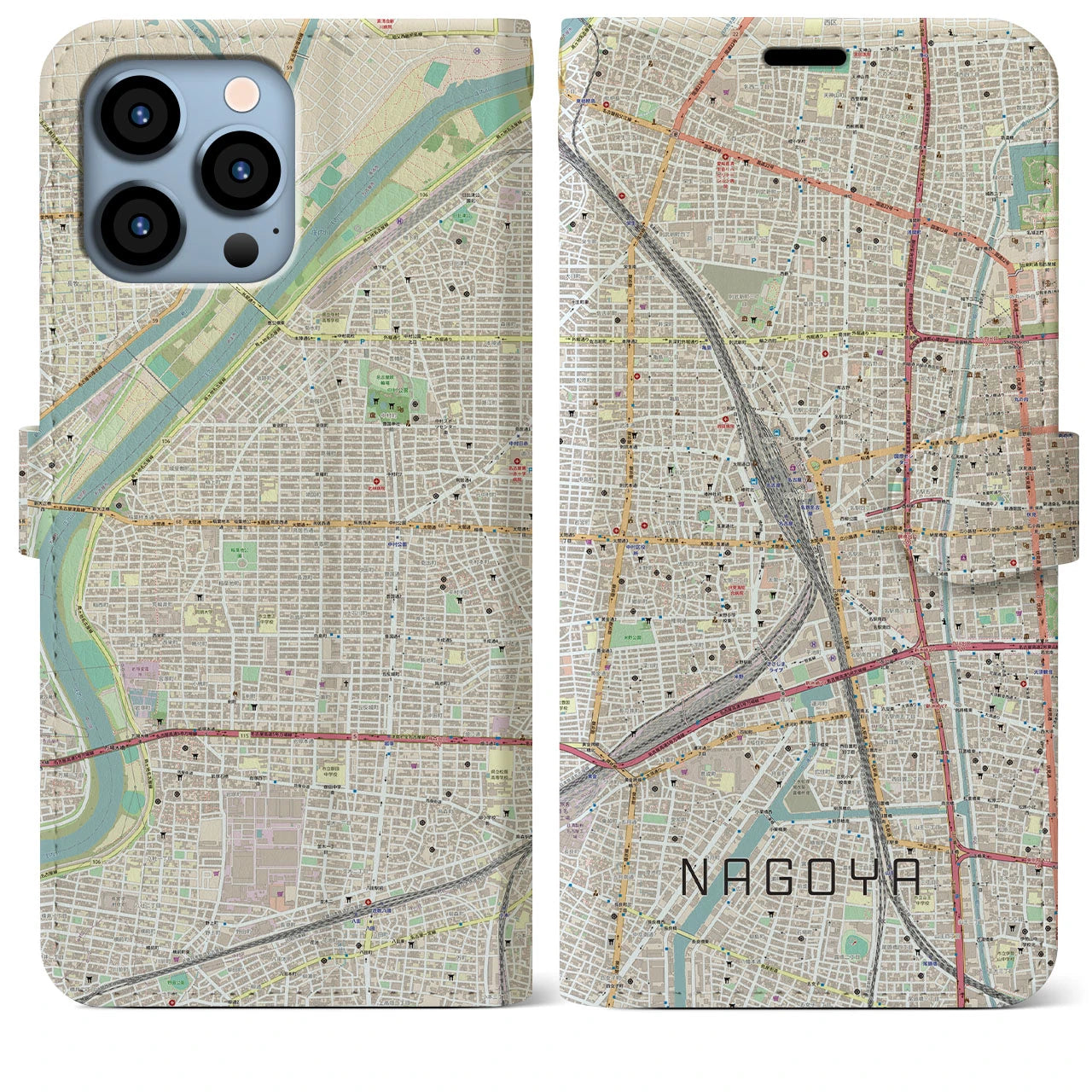 【名古屋2】地図柄iPhoneケース（手帳両面タイプ・ナチュラル）iPhone 13 Pro Max 用