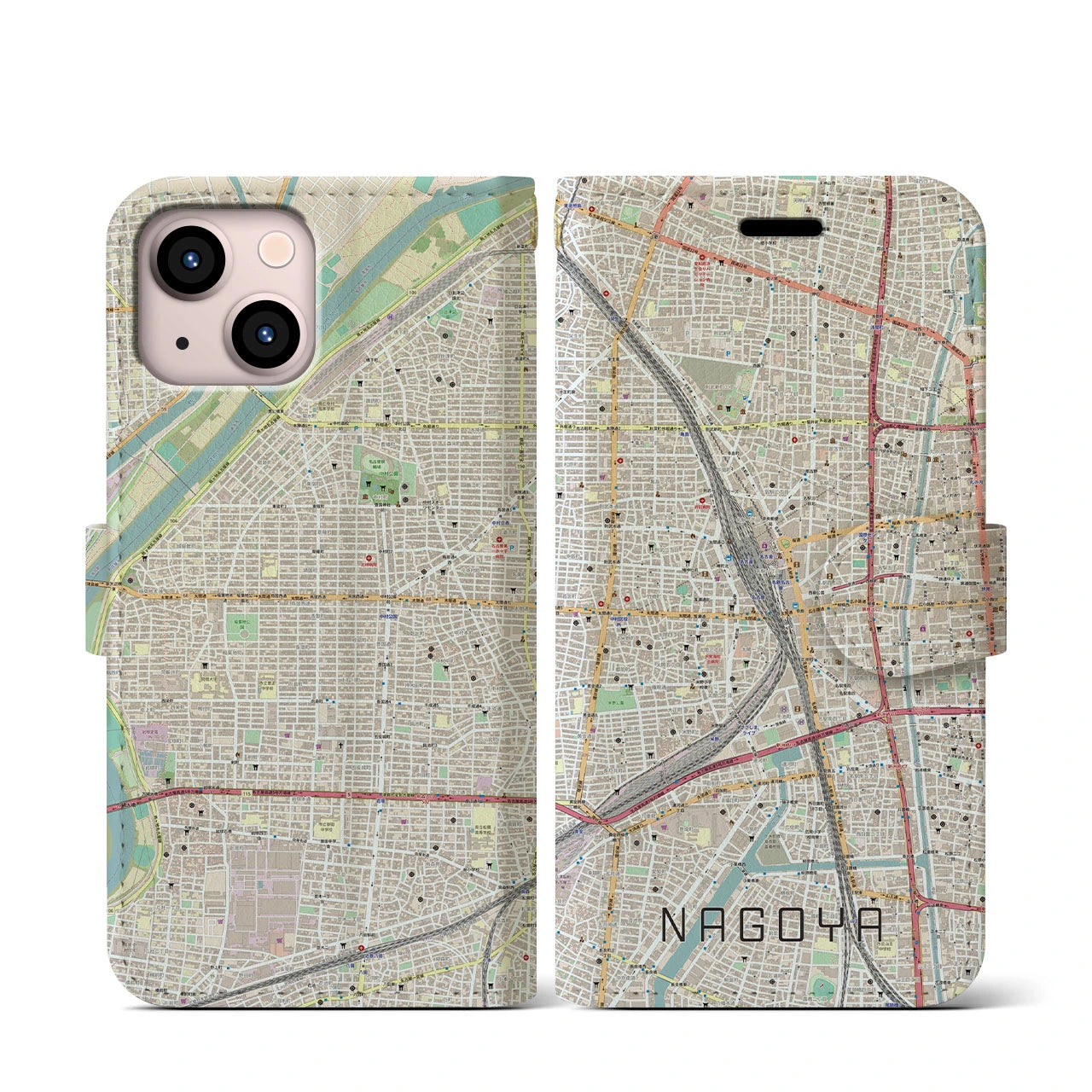 【名古屋2】地図柄iPhoneケース（手帳両面タイプ・ナチュラル）iPhone 13 mini 用