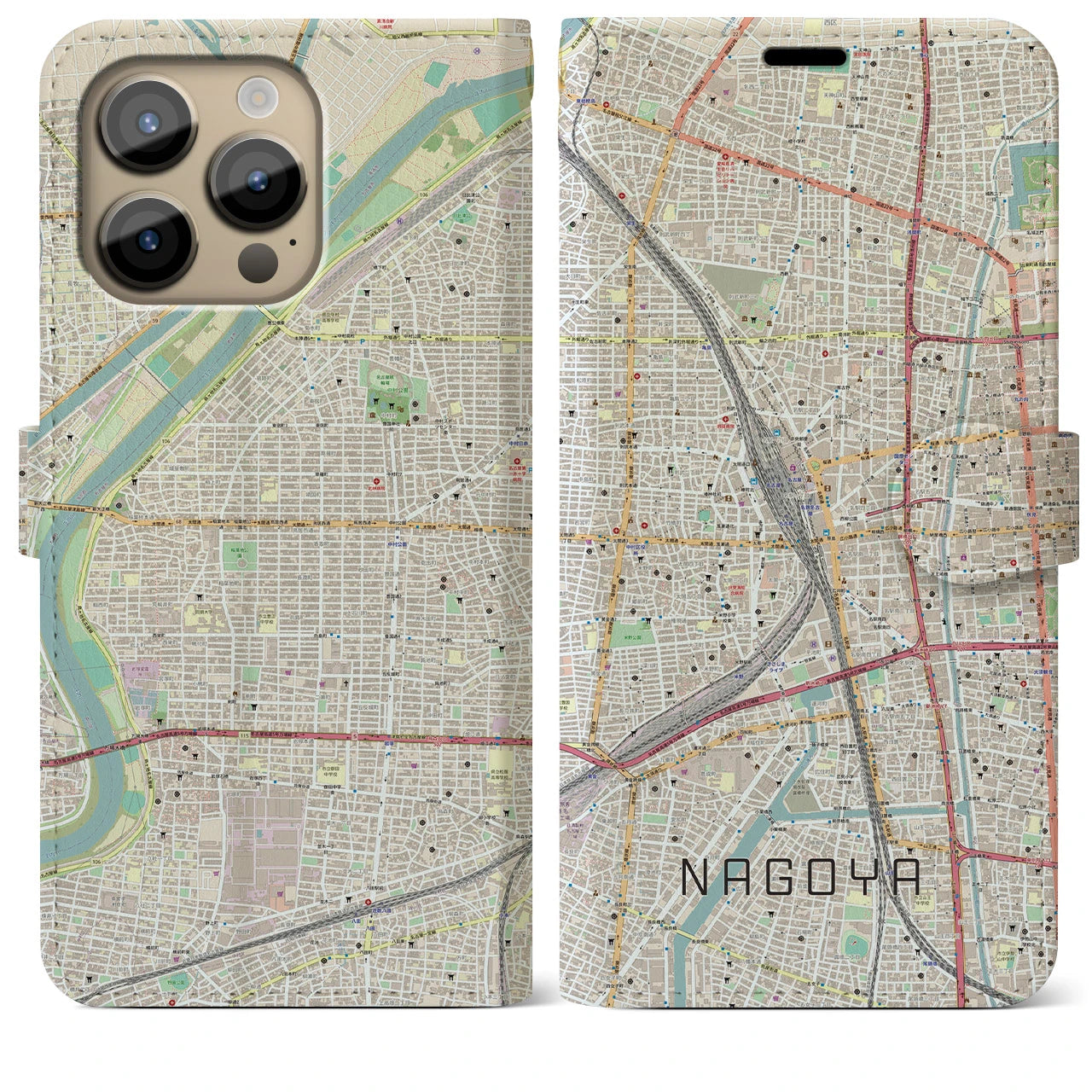 【名古屋2】地図柄iPhoneケース（手帳両面タイプ・ナチュラル）iPhone 14 Pro Max 用