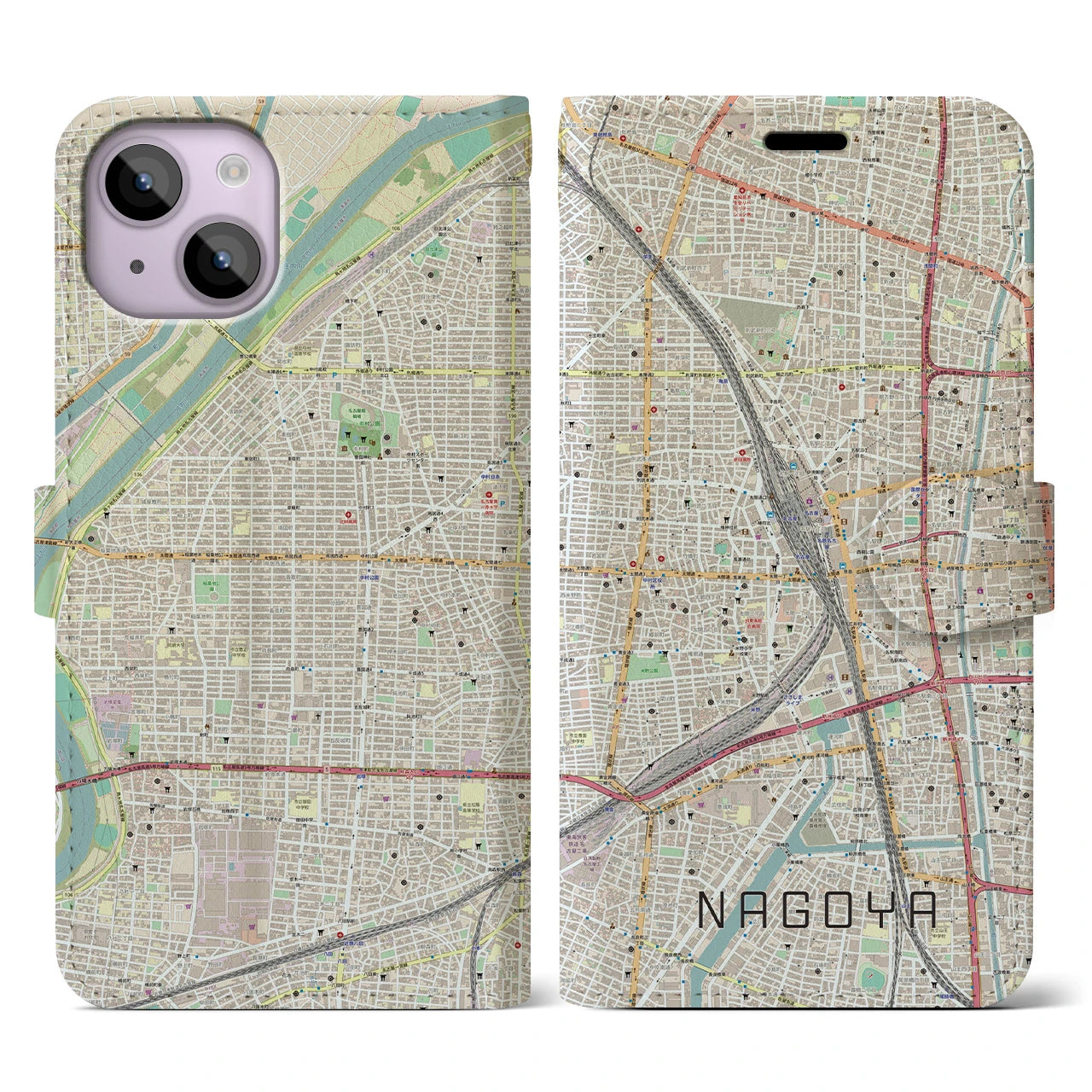 【名古屋2】地図柄iPhoneケース（手帳両面タイプ・ナチュラル）iPhone 14 用