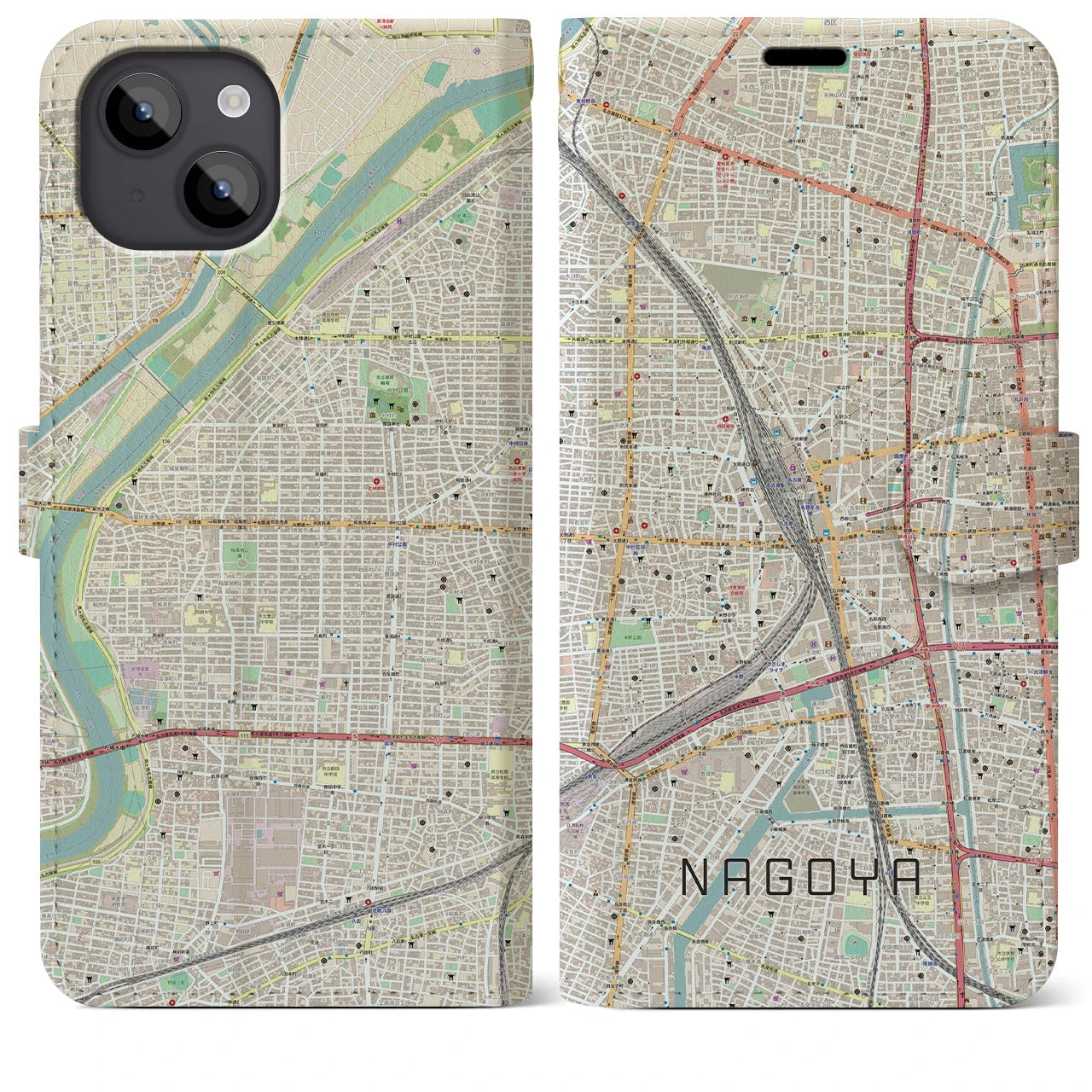 【名古屋2】地図柄iPhoneケース（手帳両面タイプ・ナチュラル）iPhone 14 Plus 用
